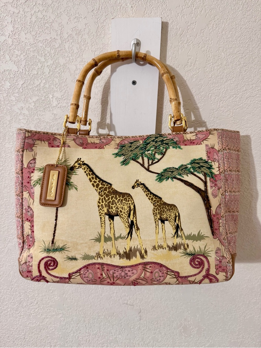Vintage,90s,Canvas Giraffe,Tote Bag,Bamboo Handles,elaborate embroidery NWOT